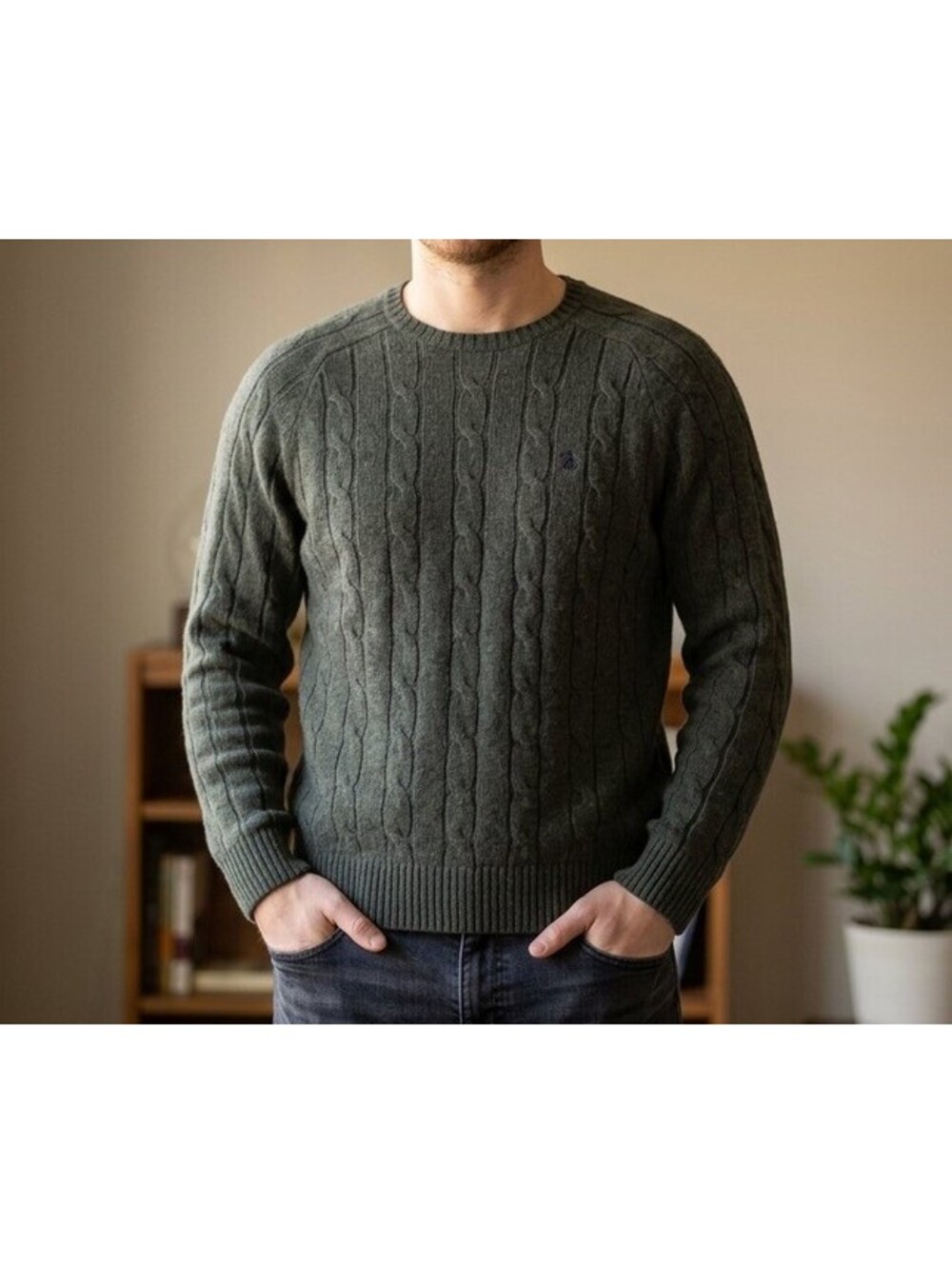 Brooks Brothers Men's Green Cable Knit Crewneck Logo Pullover Sweater Size L